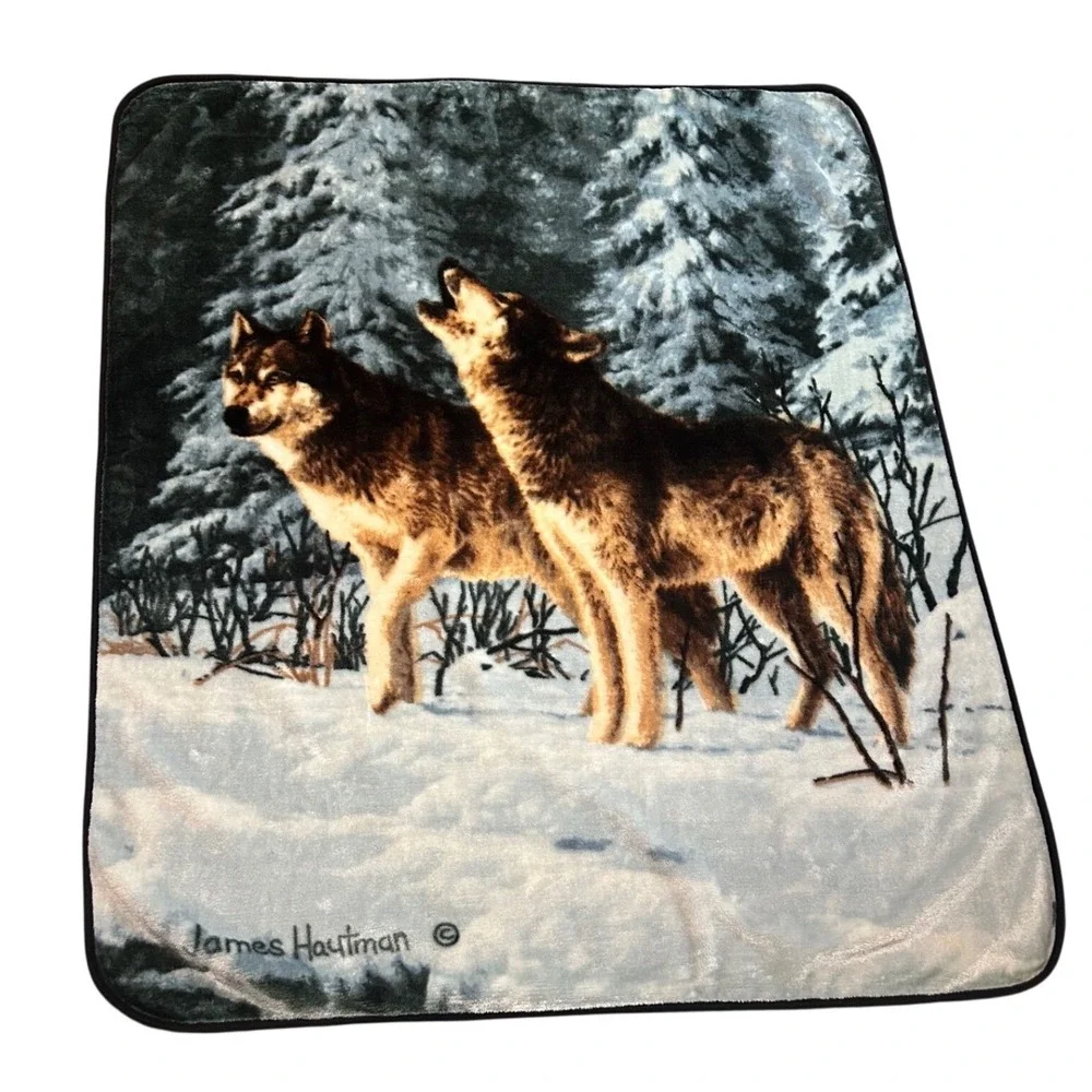 James Hautman Wolf Howling Snowy Forest Plush Fleece Throw Blanket 46x56